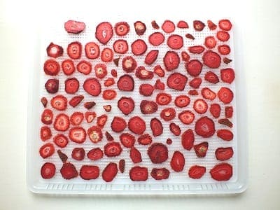 Aardbeiplakjes, gedroogd, op een tray van de Sedona